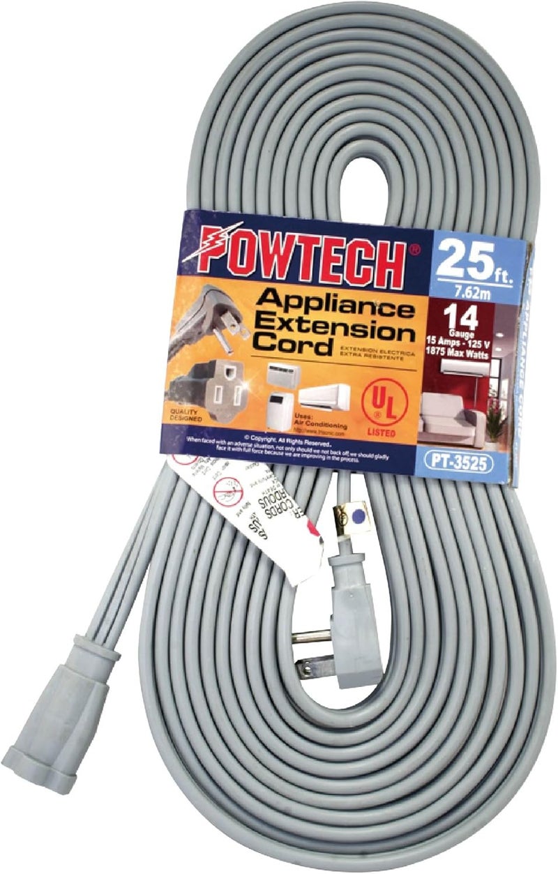 Heavy Duty 25 FT Air Conditioner and Major Appliance Extension Cord UL Listed 14 Gauge, 125V, 15 Amps, 1875 Watts Grounded 3-PRONGED Cord